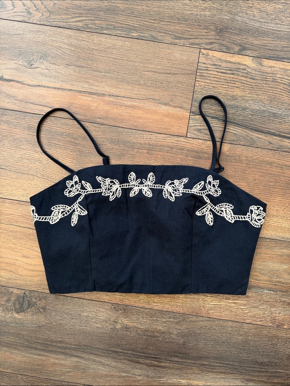 Lulu's Black Crop Top with White Leaf Embroidery